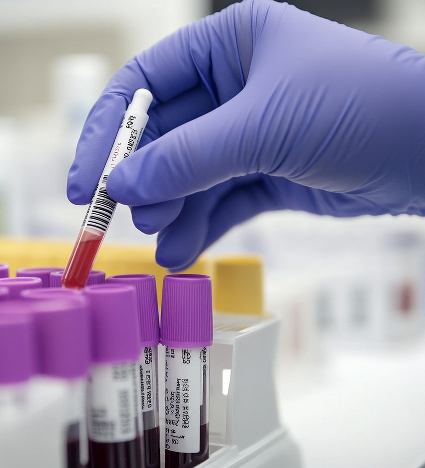 Gloved hand handling blood samples in medical laboratory