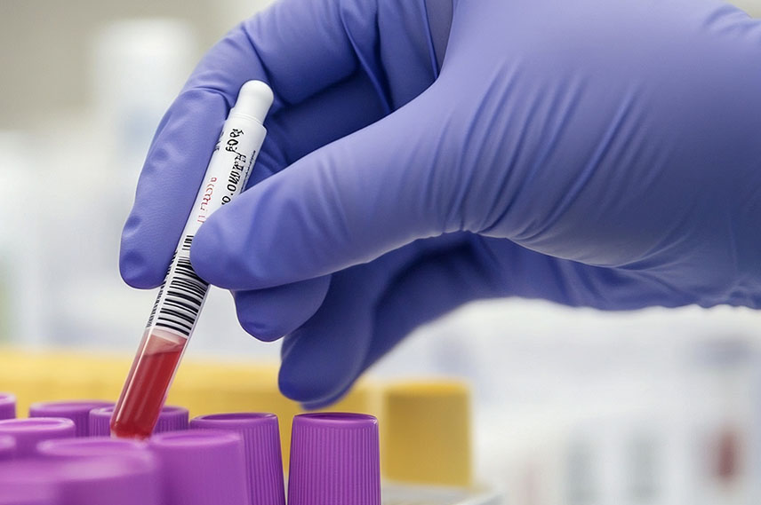 Gloved hand handling blood samples in medical laboratory